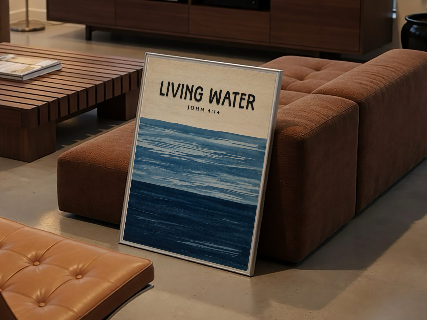 Living Water poster featuring John 4:14 in soothing blue tones, inspirational wall art for spiritual
