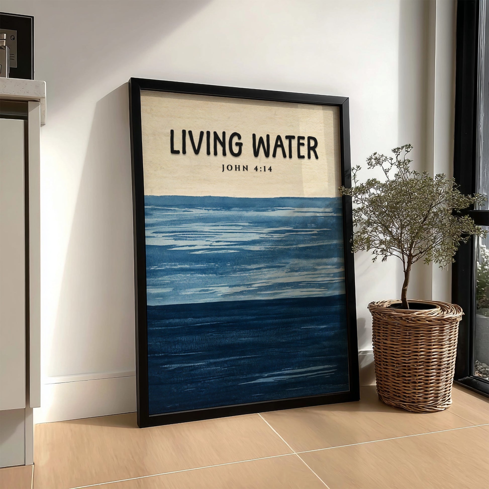 Living Water poster featuring John 4:14 in soothing blue tones, inspirational wall art for spiritual
