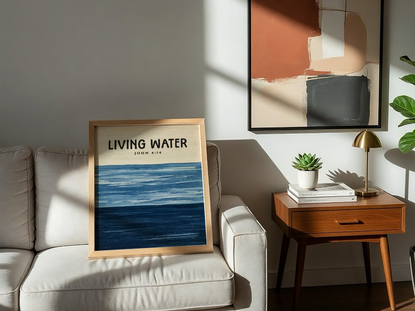 Living Water poster featuring John 4:14 in soothing blue tones, inspirational wall art for spiritual