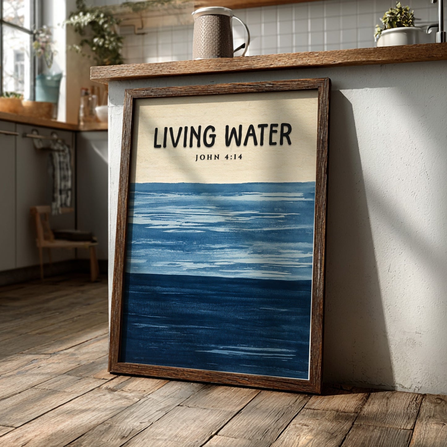 Living Water poster featuring John 4:14 in soothing blue tones, inspirational wall art for spiritual