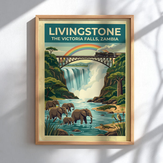 Travel poster of Livingstone Victoria Falls with elephants, a train, and rainbow scenery.