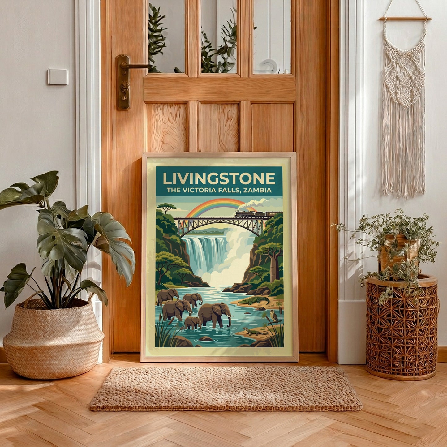 Travel poster of Livingstone Victoria Falls with elephants, a train, and rainbow scenery.