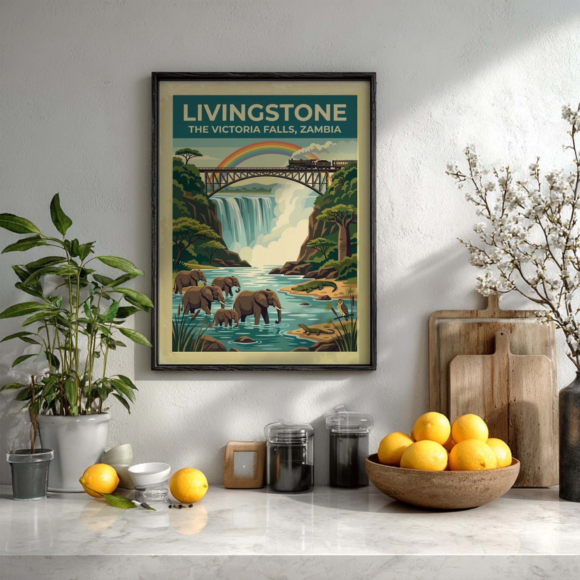 Travel poster of Livingstone Victoria Falls with elephants, a train, and rainbow scenery.