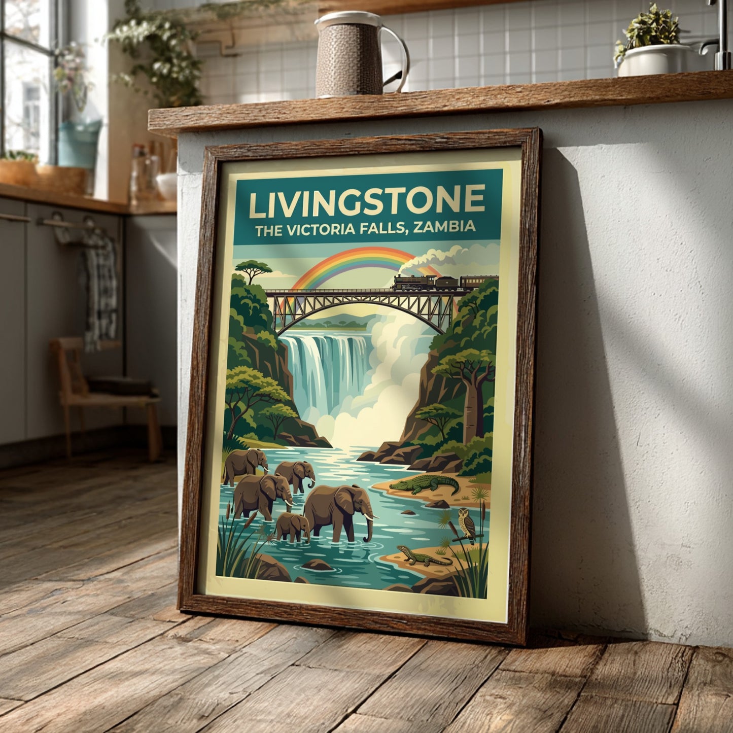 Travel poster of Livingstone Victoria Falls with elephants, a train, and rainbow scenery.