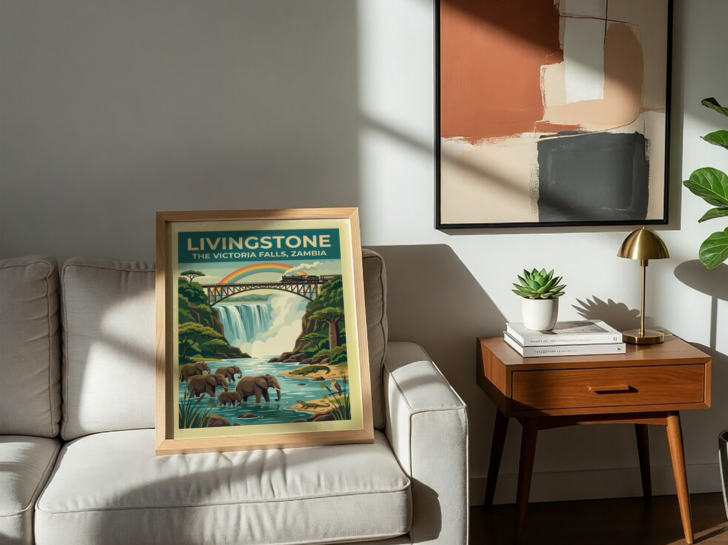 Travel poster of Livingstone Victoria Falls with elephants, a train, and rainbow scenery.