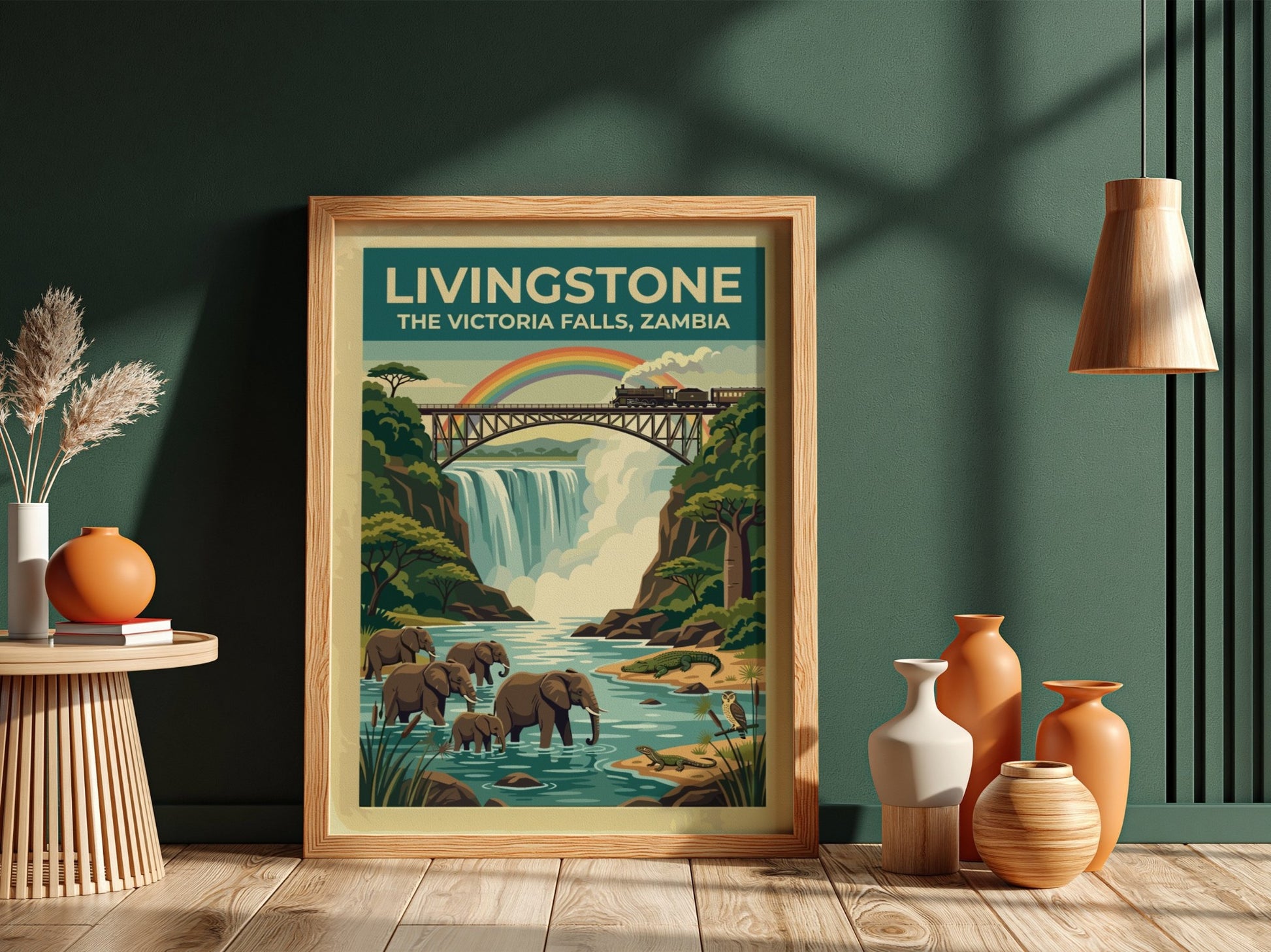 Travel poster of Livingstone Victoria Falls with elephants, a train, and rainbow scenery.