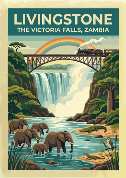 Travel poster of Livingstone Victoria Falls with elephants, a train, and rainbow scenery.