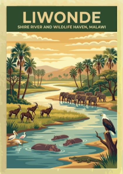 Liwonde National Park poster featuring elephants, hippos, and scenic river landscape in earthy tones