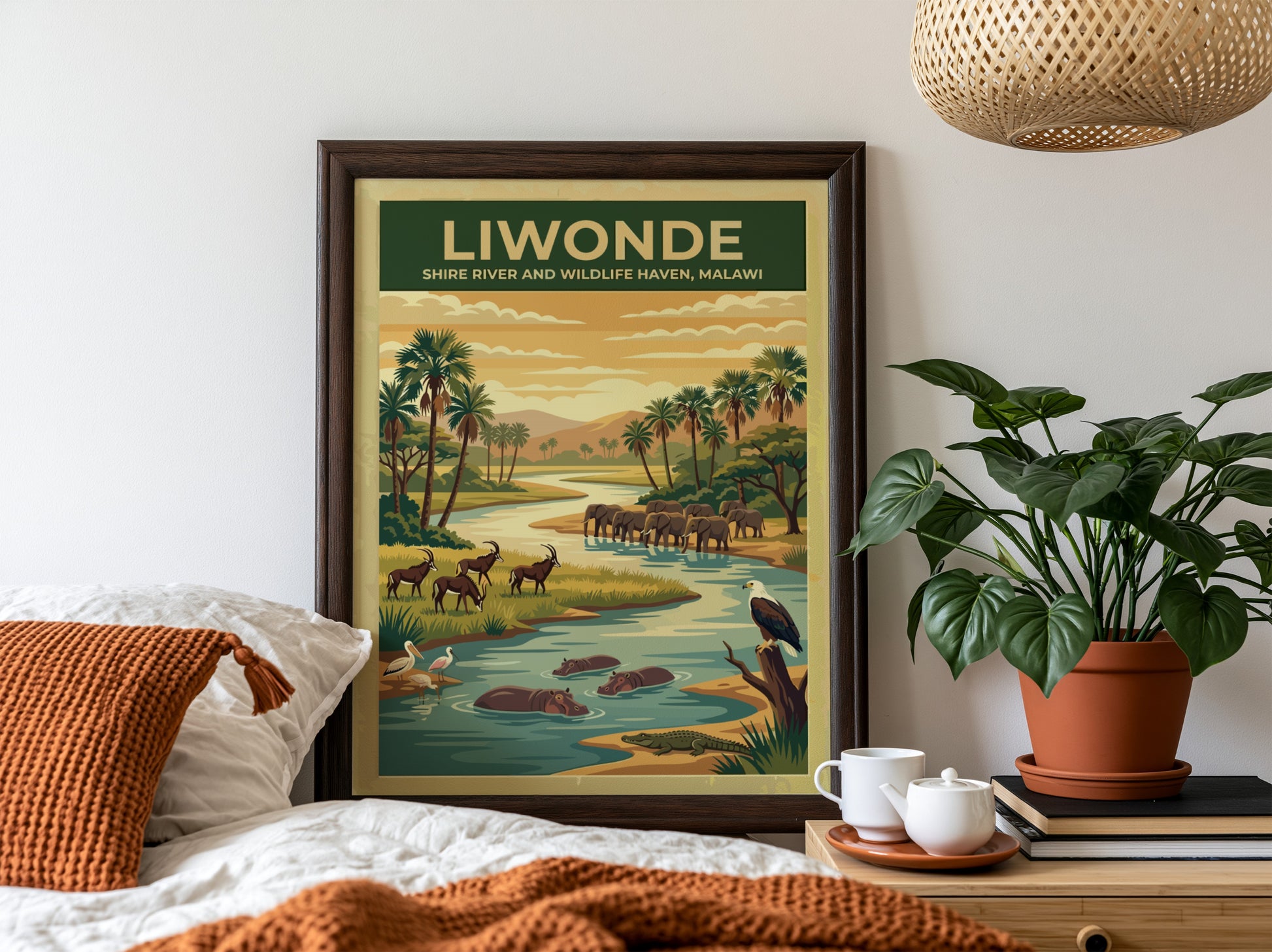Liwonde National Park poster featuring elephants, hippos, and scenic river landscape in earthy tones