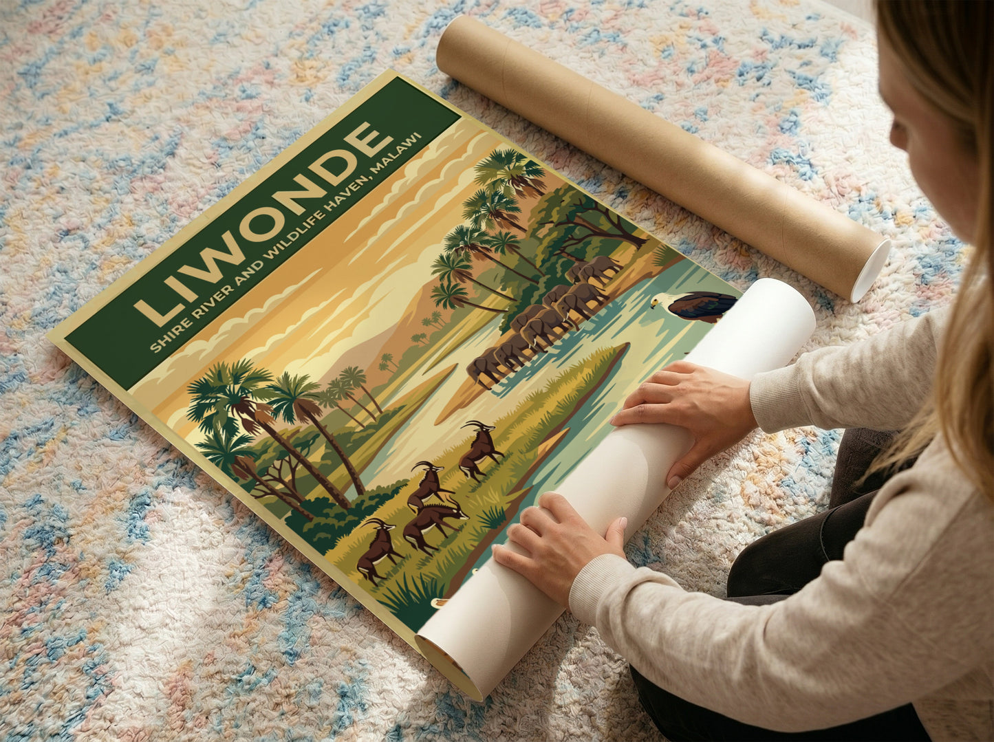 Liwonde National Park poster featuring elephants, hippos, and scenic river landscape in earthy tones