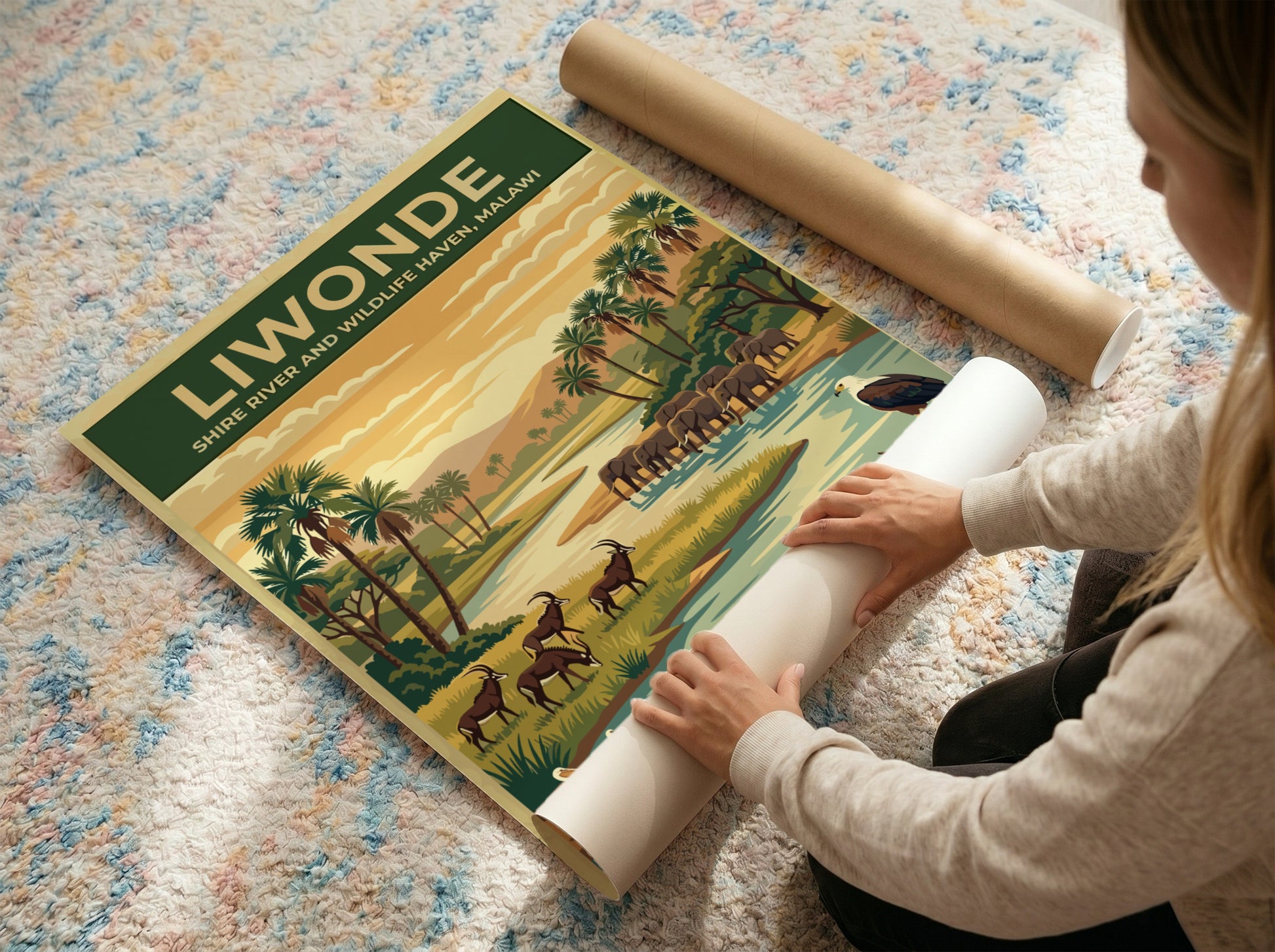 Liwonde National Park poster featuring elephants, hippos, and scenic river landscape in earthy tones