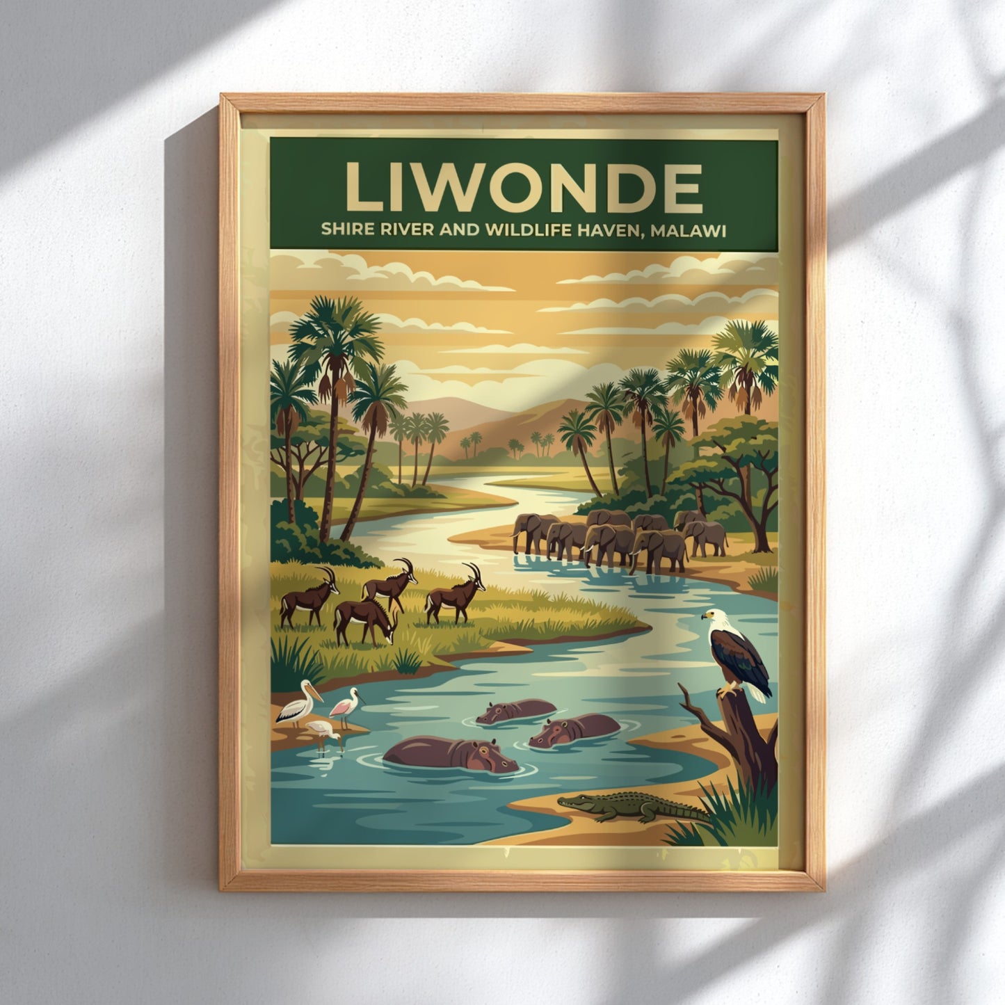 Liwonde National Park poster featuring elephants, hippos, and scenic river landscape in earthy tones