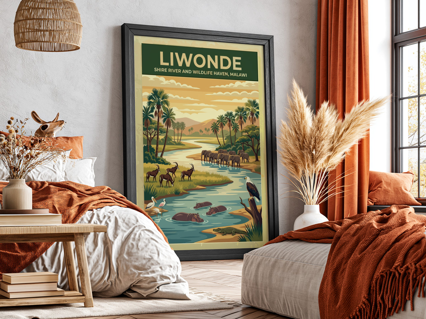 Liwonde National Park poster featuring elephants, hippos, and scenic river landscape in earthy tones