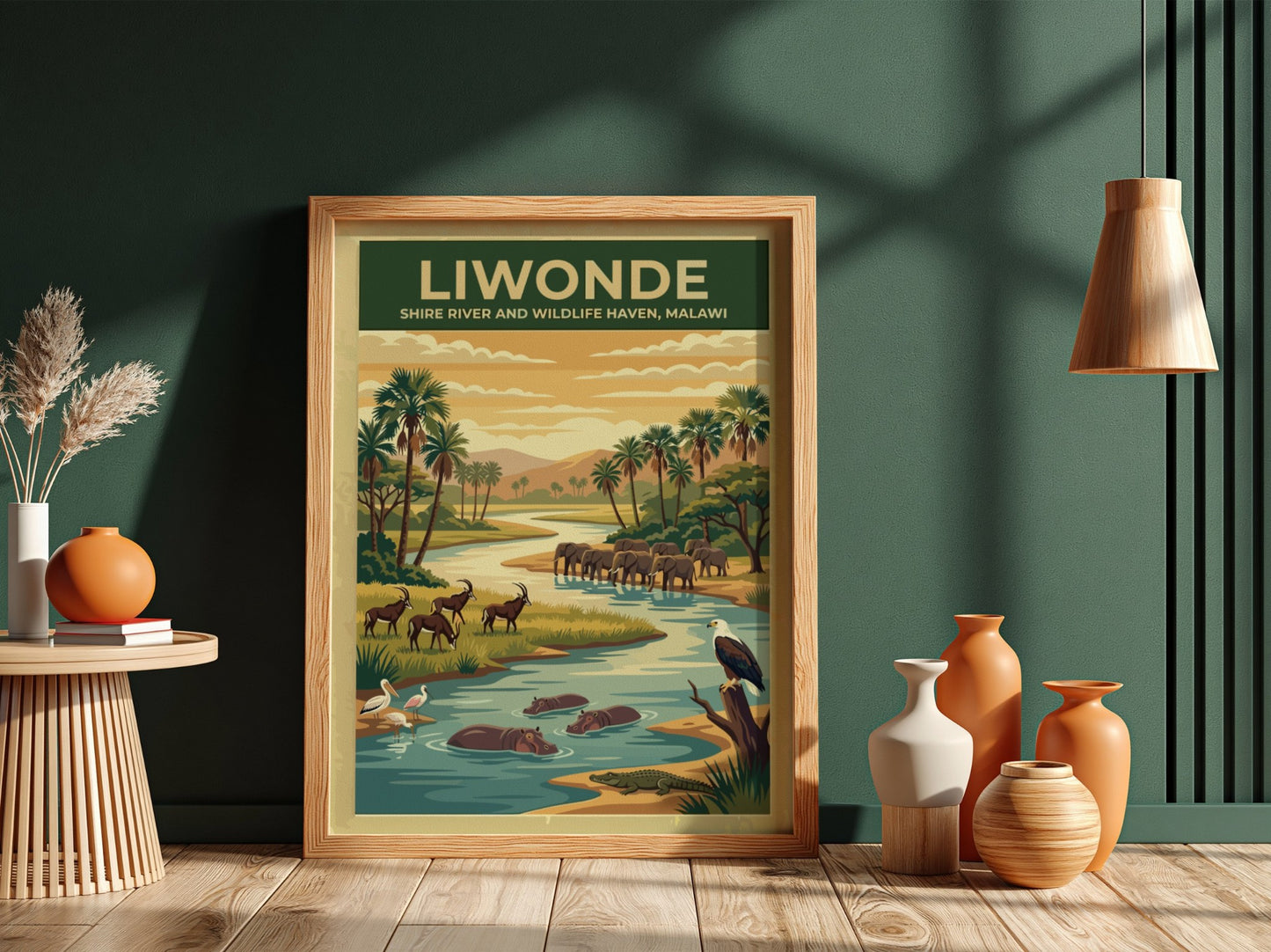 Liwonde National Park poster featuring elephants, hippos, and scenic river landscape in earthy tones