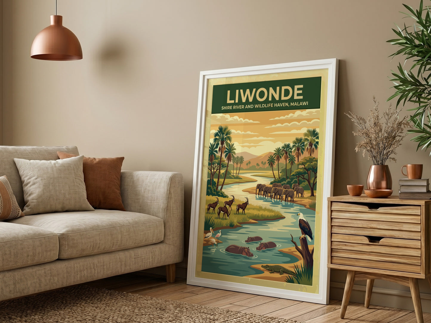 Liwonde National Park poster featuring elephants, hippos, and scenic river landscape in earthy tones