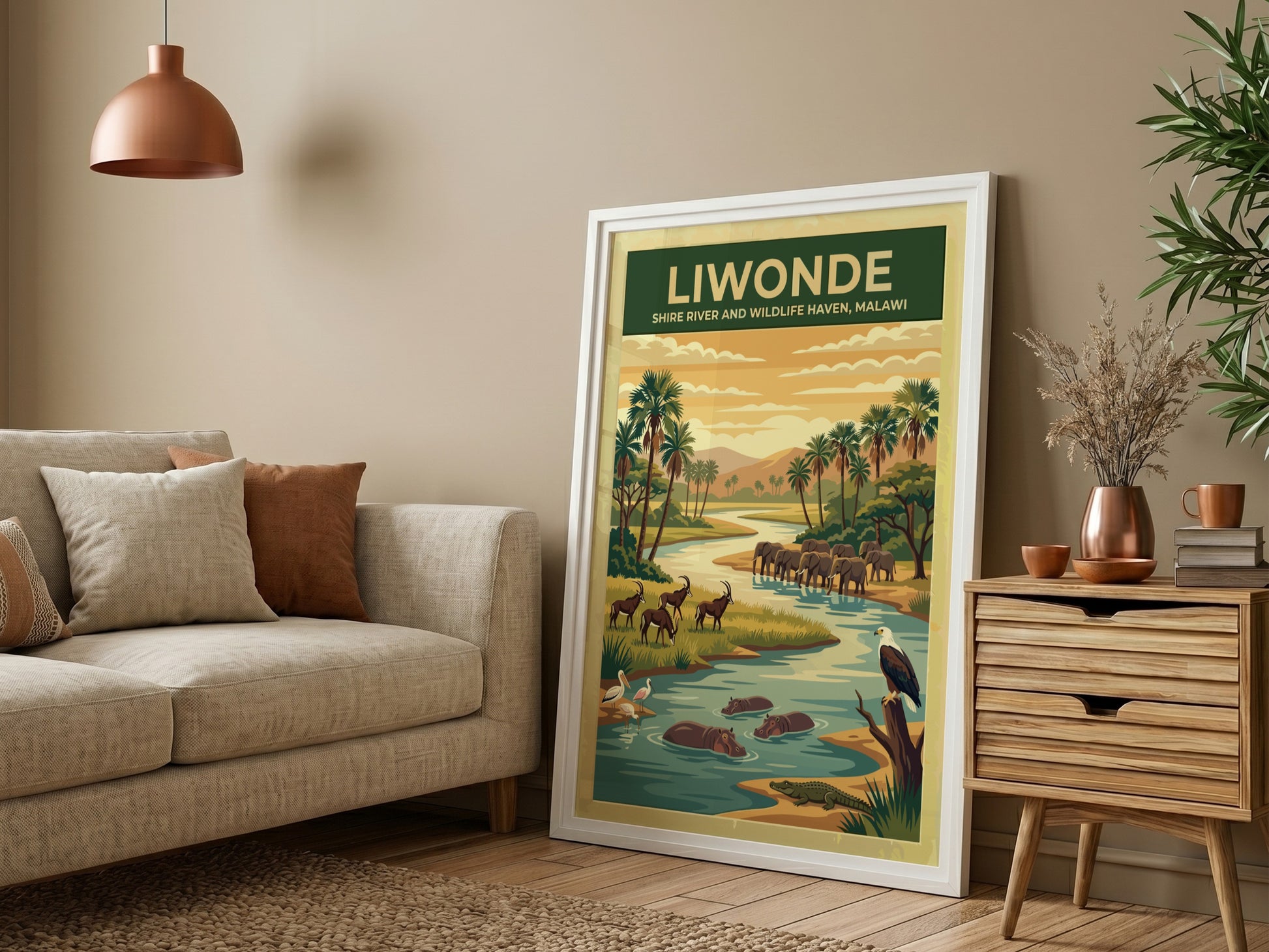 Liwonde National Park poster featuring elephants, hippos, and scenic river landscape in earthy tones