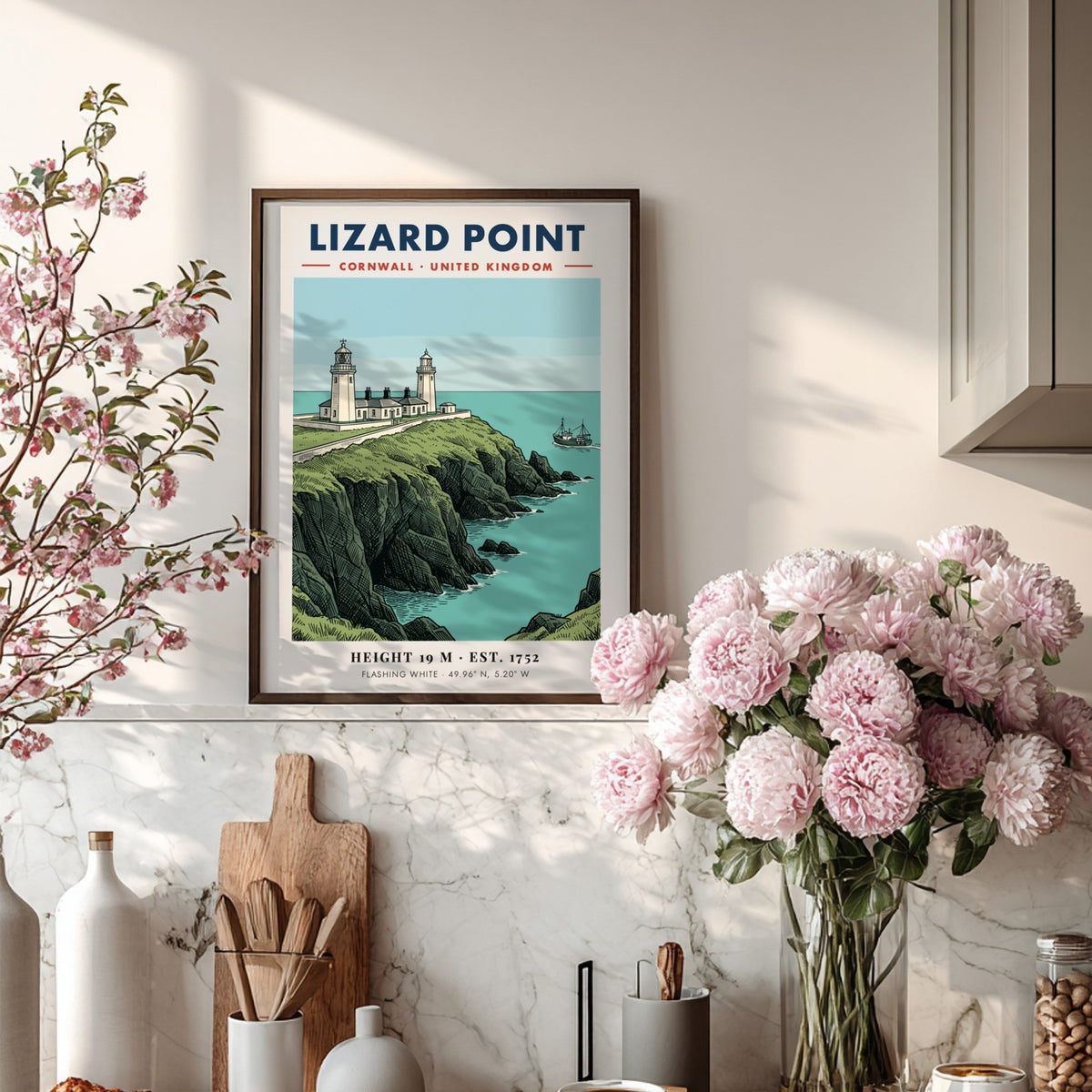Lighthouse poster featuring Lizard Point Cornwall with rugged cliffs and a fishing boat.