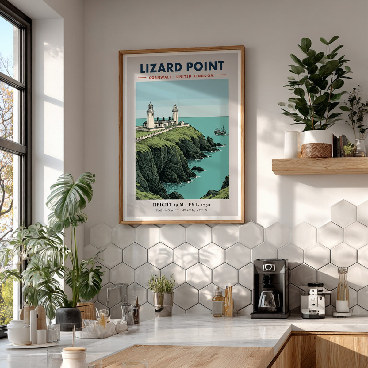 Lighthouse poster featuring Lizard Point Cornwall with rugged cliffs and a fishing boat.