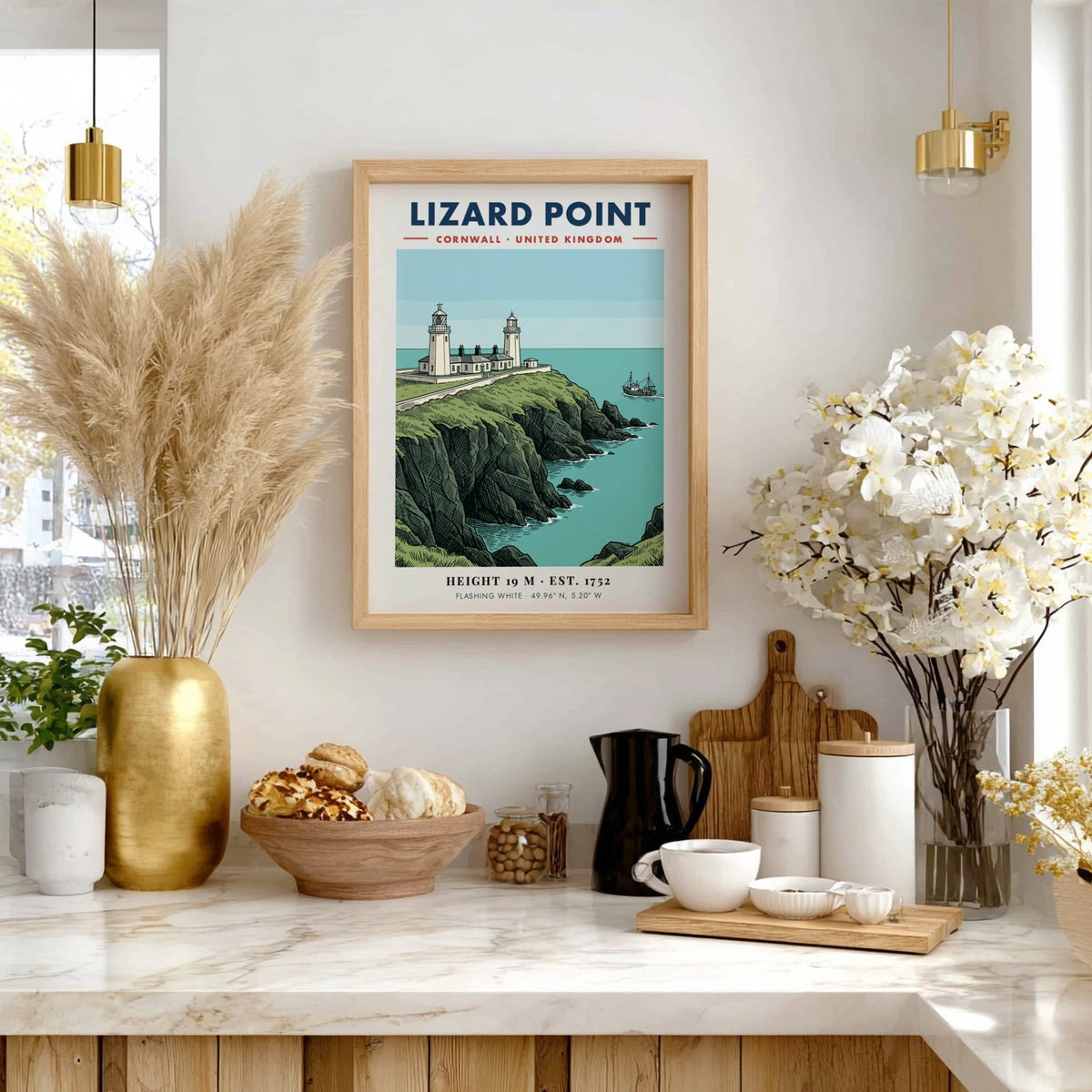 Lighthouse poster featuring Lizard Point Cornwall with rugged cliffs and a fishing boat.