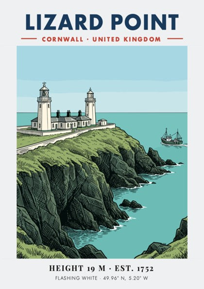 Lighthouse poster featuring Lizard Point Cornwall with rugged cliffs and a fishing boat.