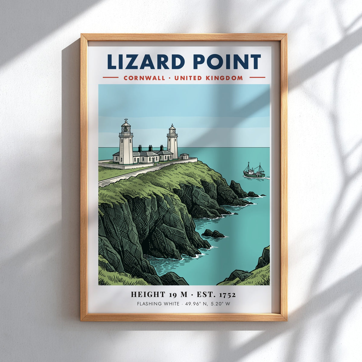 Lighthouse poster featuring Lizard Point Cornwall with rugged cliffs and a fishing boat.