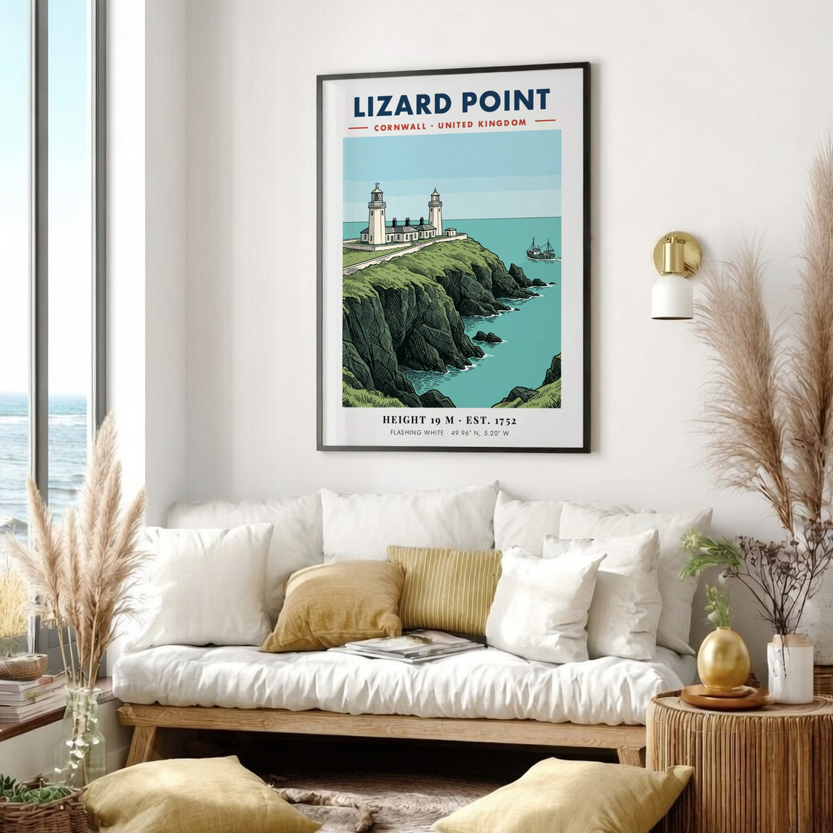 Lighthouse poster featuring Lizard Point Cornwall with rugged cliffs and a fishing boat.