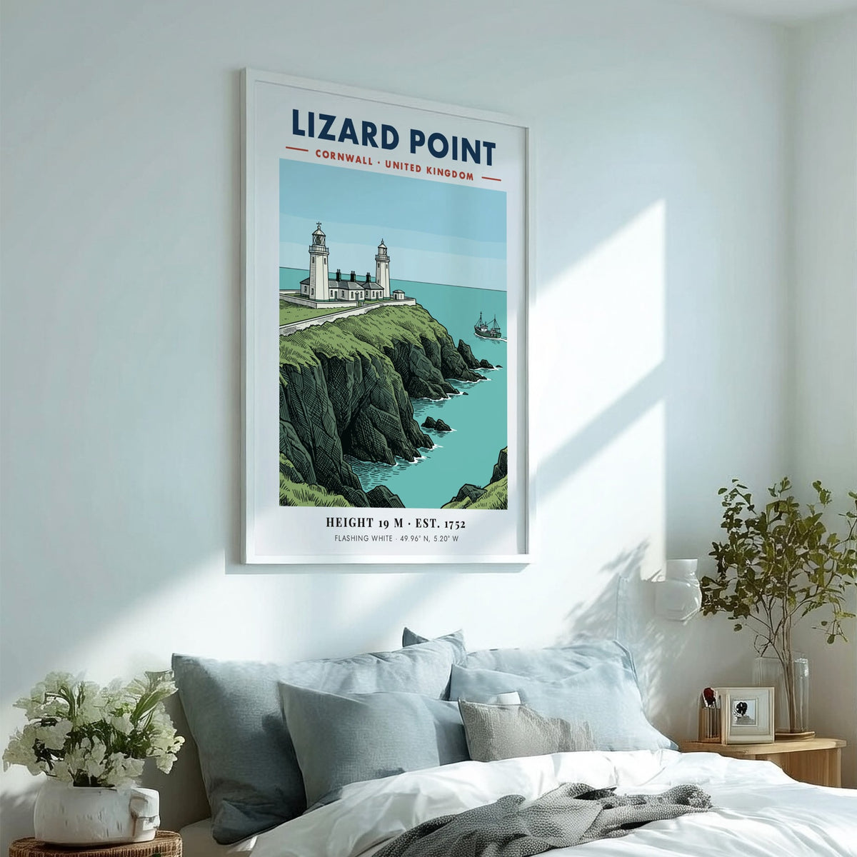 Lighthouse poster featuring Lizard Point Cornwall with rugged cliffs and a fishing boat.