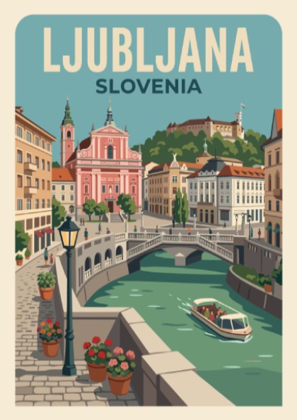 Ljubljana travel poster featuring a pink church, historic castle, and river boat scene.