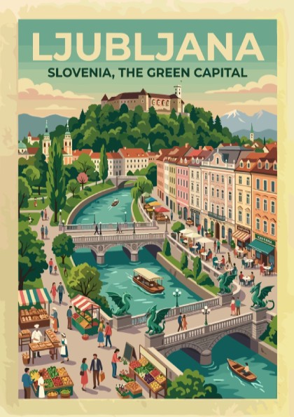 Travel poster of Ljubljana Slovenia showing the river, Dragon Bridge, and castle hill.