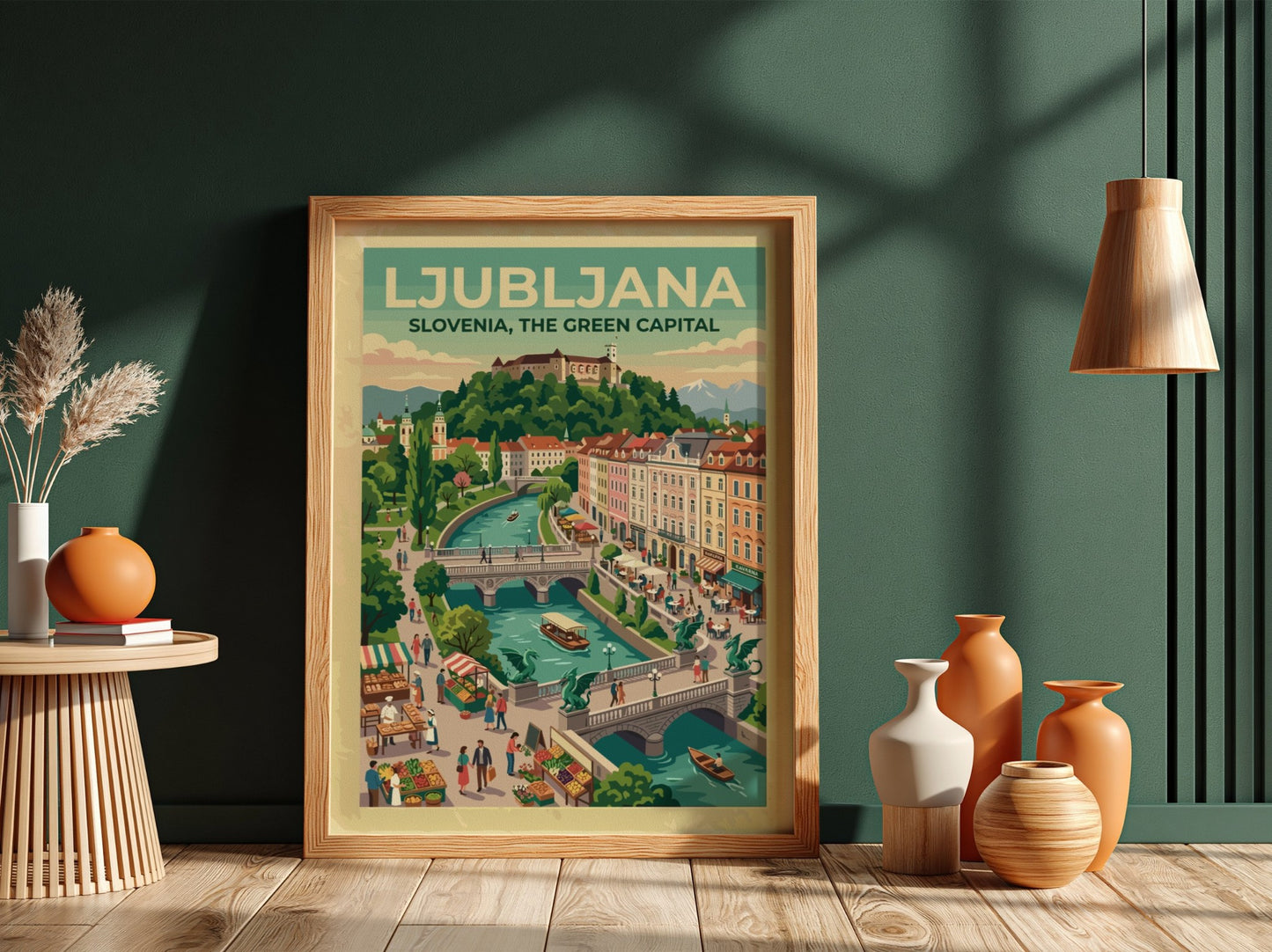 Travel poster of Ljubljana Slovenia showing the river, Dragon Bridge, and castle hill.