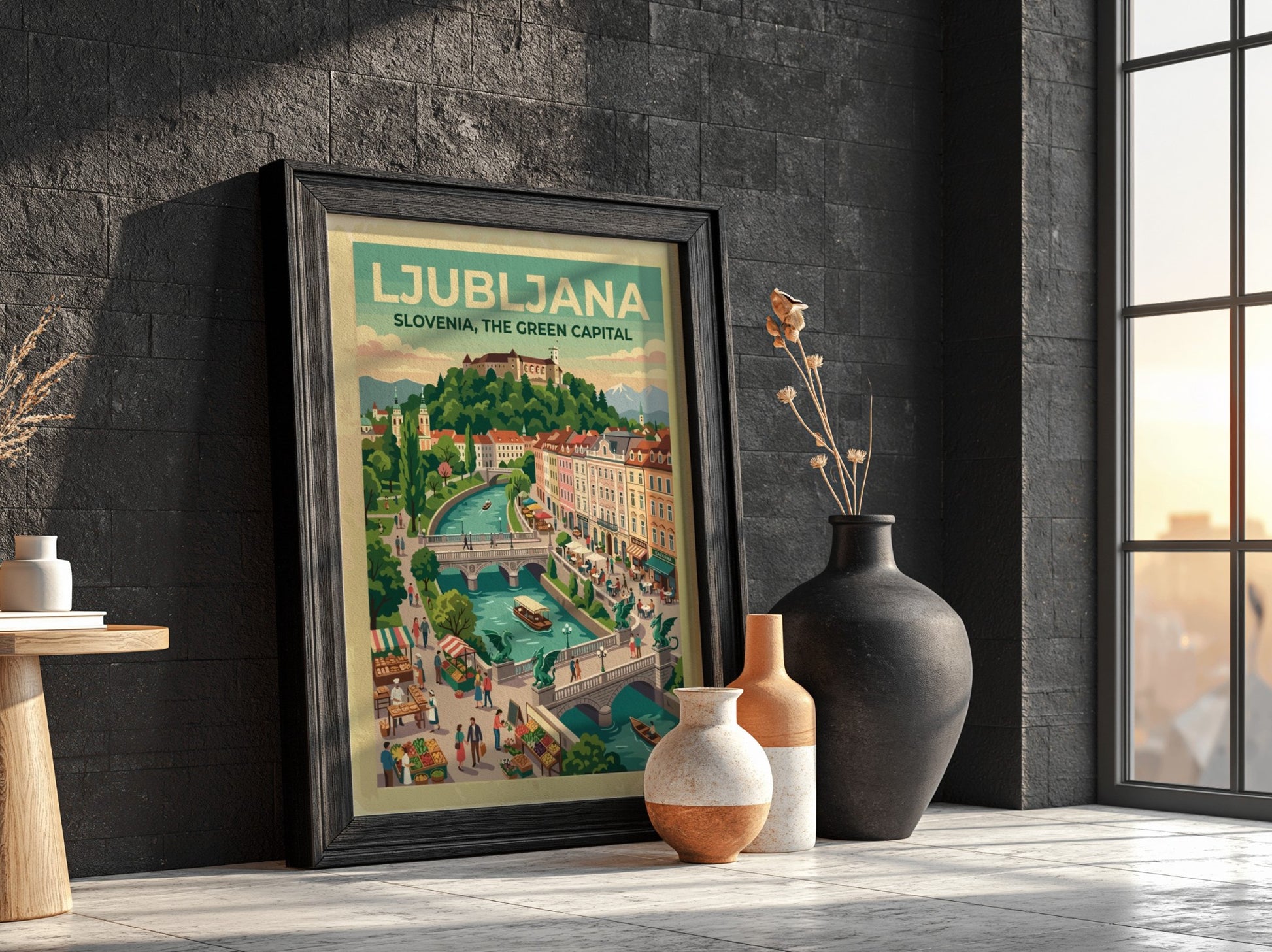 Travel poster of Ljubljana Slovenia showing the river, Dragon Bridge, and castle hill.