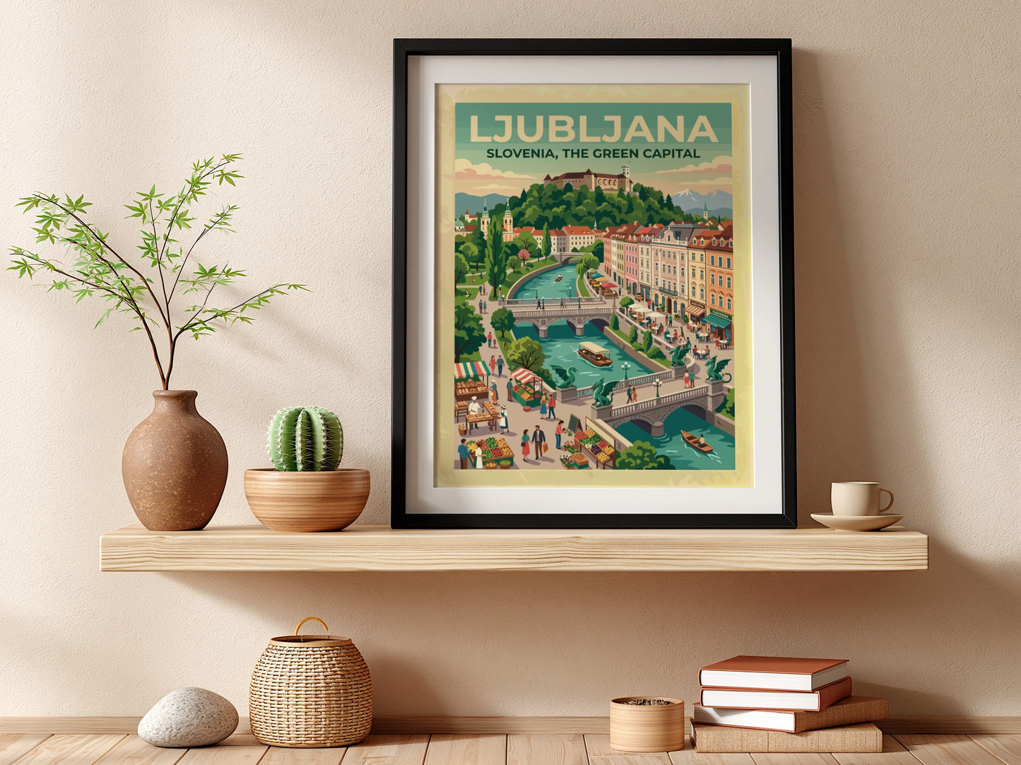 Travel poster of Ljubljana Slovenia showing the river, Dragon Bridge, and castle hill.