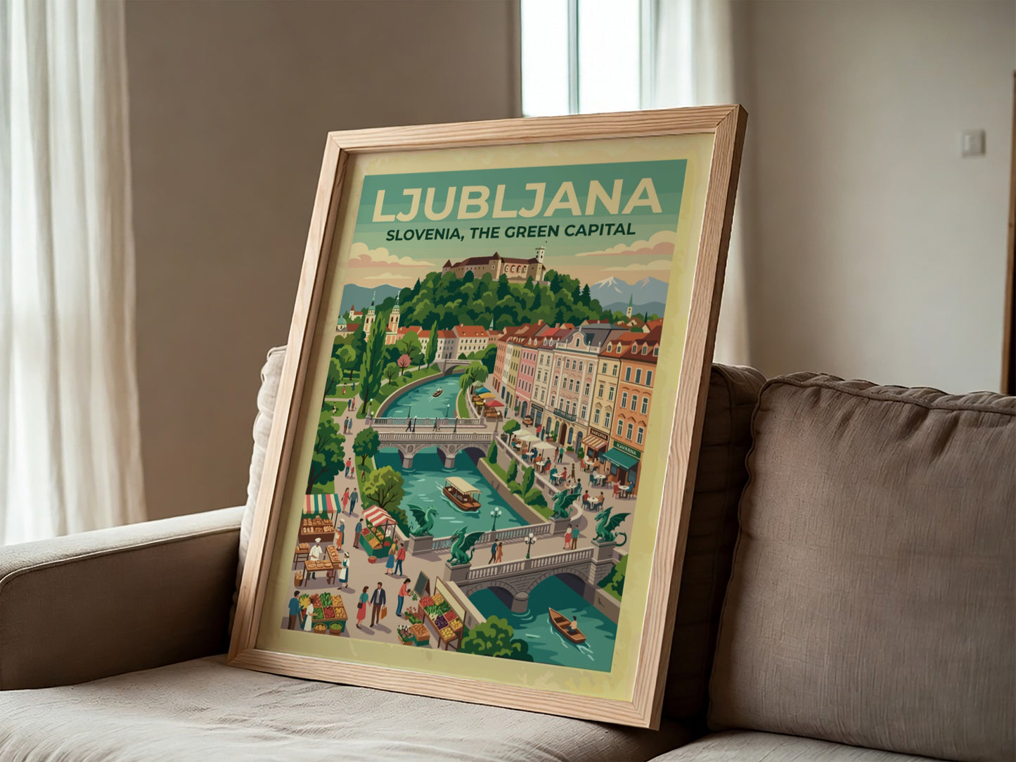Travel poster of Ljubljana Slovenia showing the river, Dragon Bridge, and castle hill.