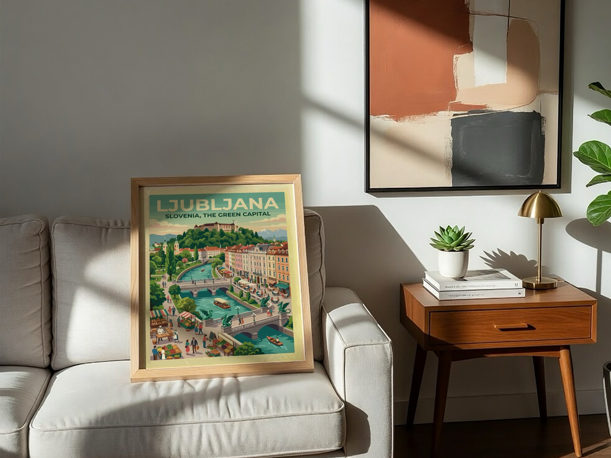 Travel poster of Ljubljana Slovenia showing the river, Dragon Bridge, and castle hill.