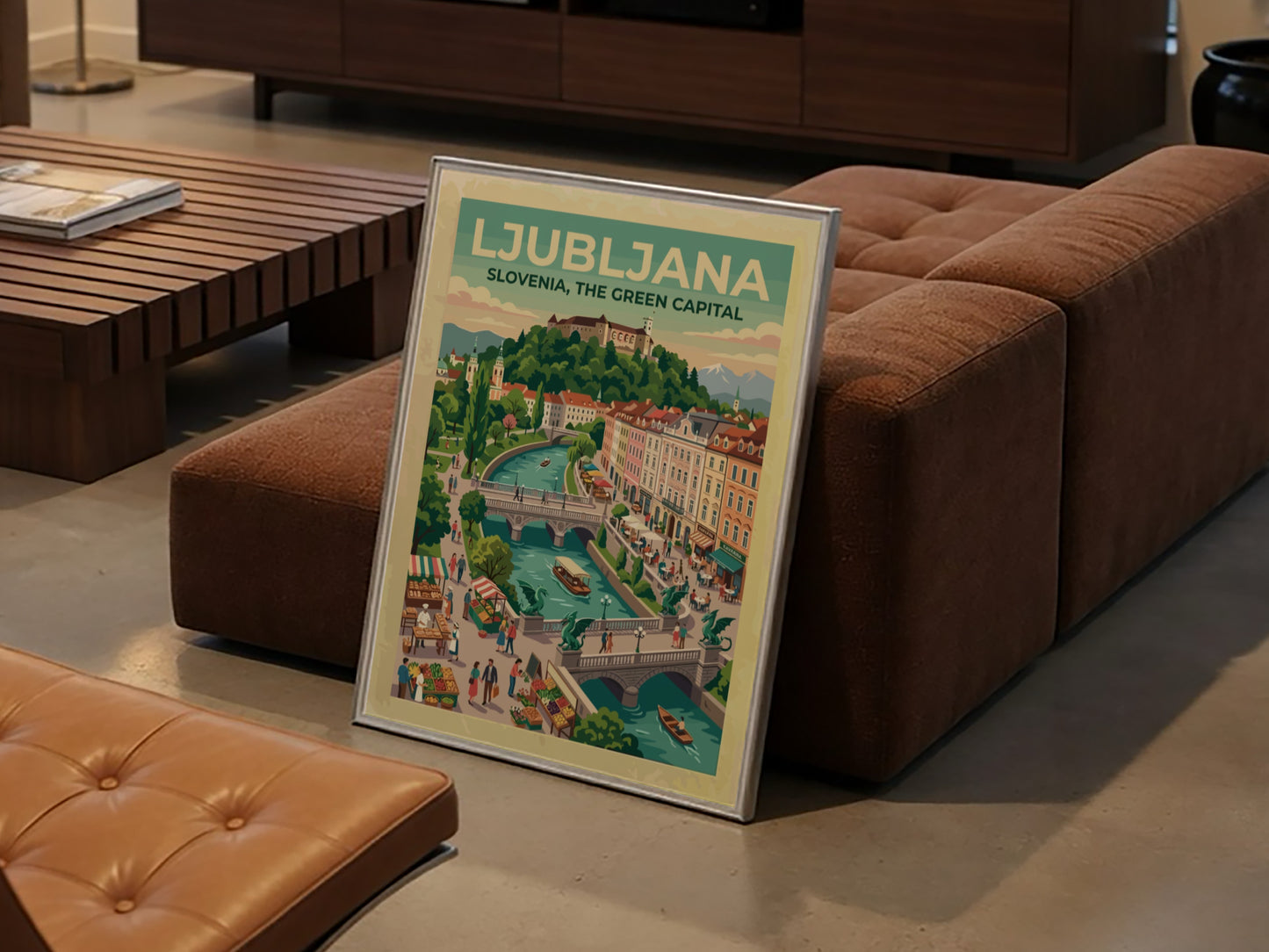 Travel poster of Ljubljana Slovenia showing the river, Dragon Bridge, and castle hill.