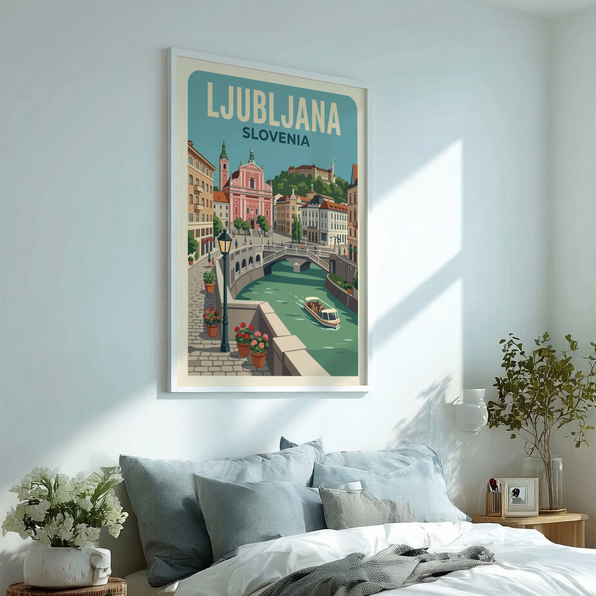 Ljubljana travel poster featuring a pink church, historic castle, and river boat scene.