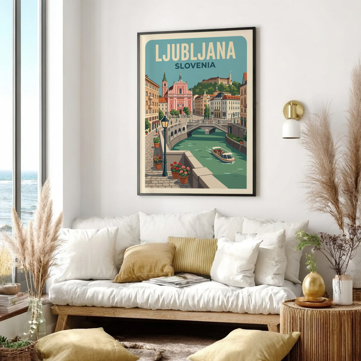 Ljubljana travel poster featuring a pink church, historic castle, and river boat scene.