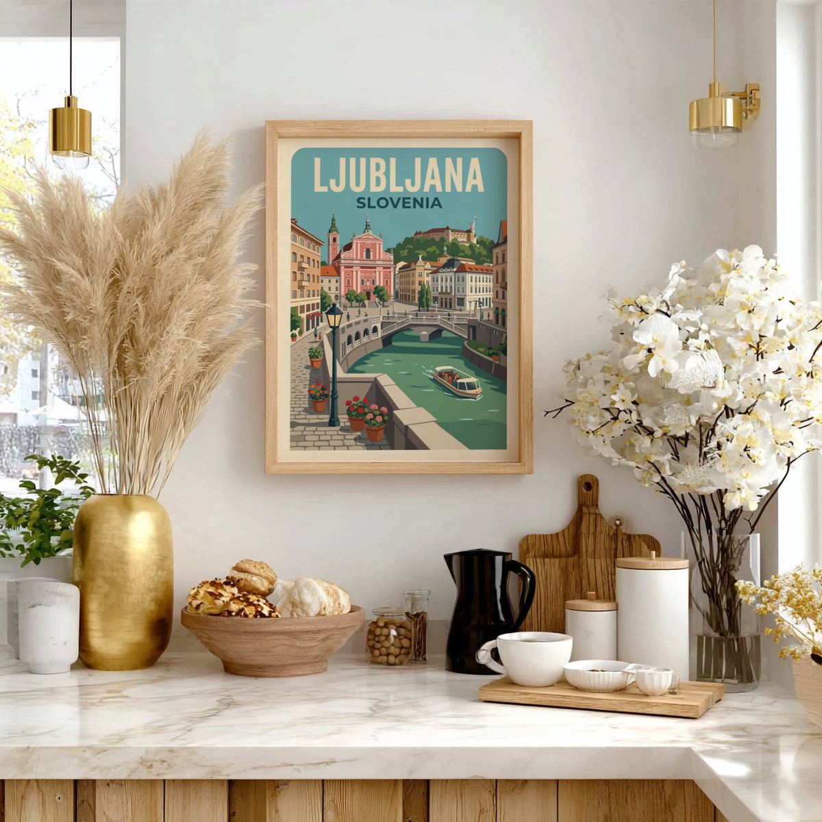 Ljubljana travel poster featuring a pink church, historic castle, and river boat scene.