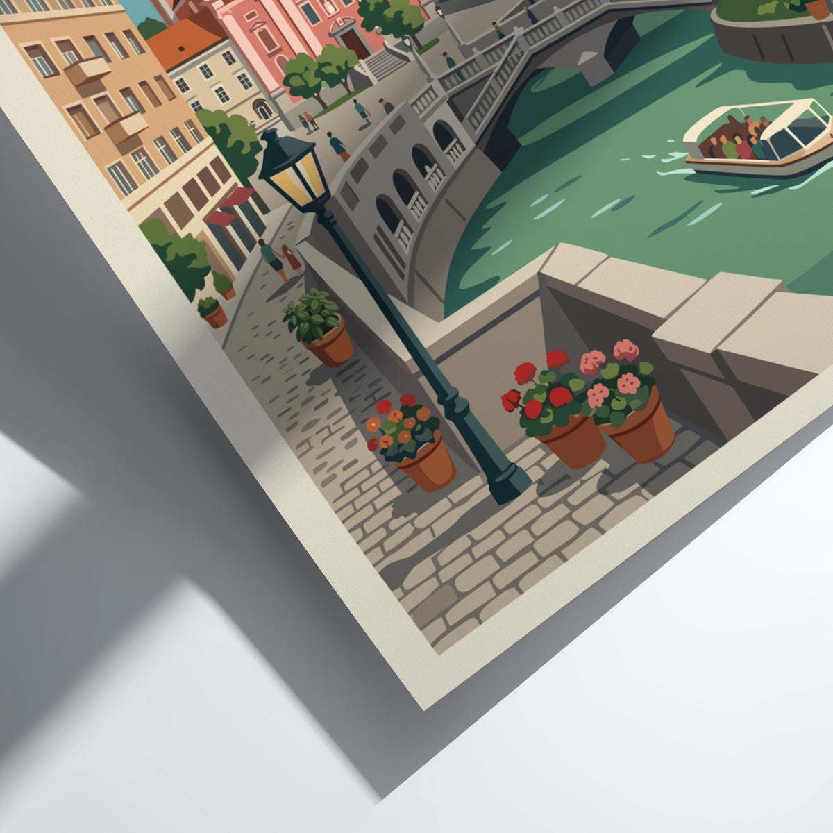 Ljubljana travel poster featuring a pink church, historic castle, and river boat scene.