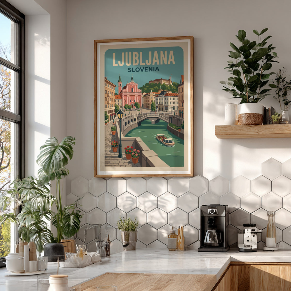 Ljubljana travel poster featuring a pink church, historic castle, and river boat scene.