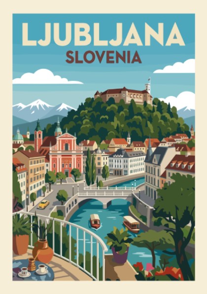 Vintage style travel poster of Ljubljana, Slovenia, featuring the castle and river in a colorful illustration.