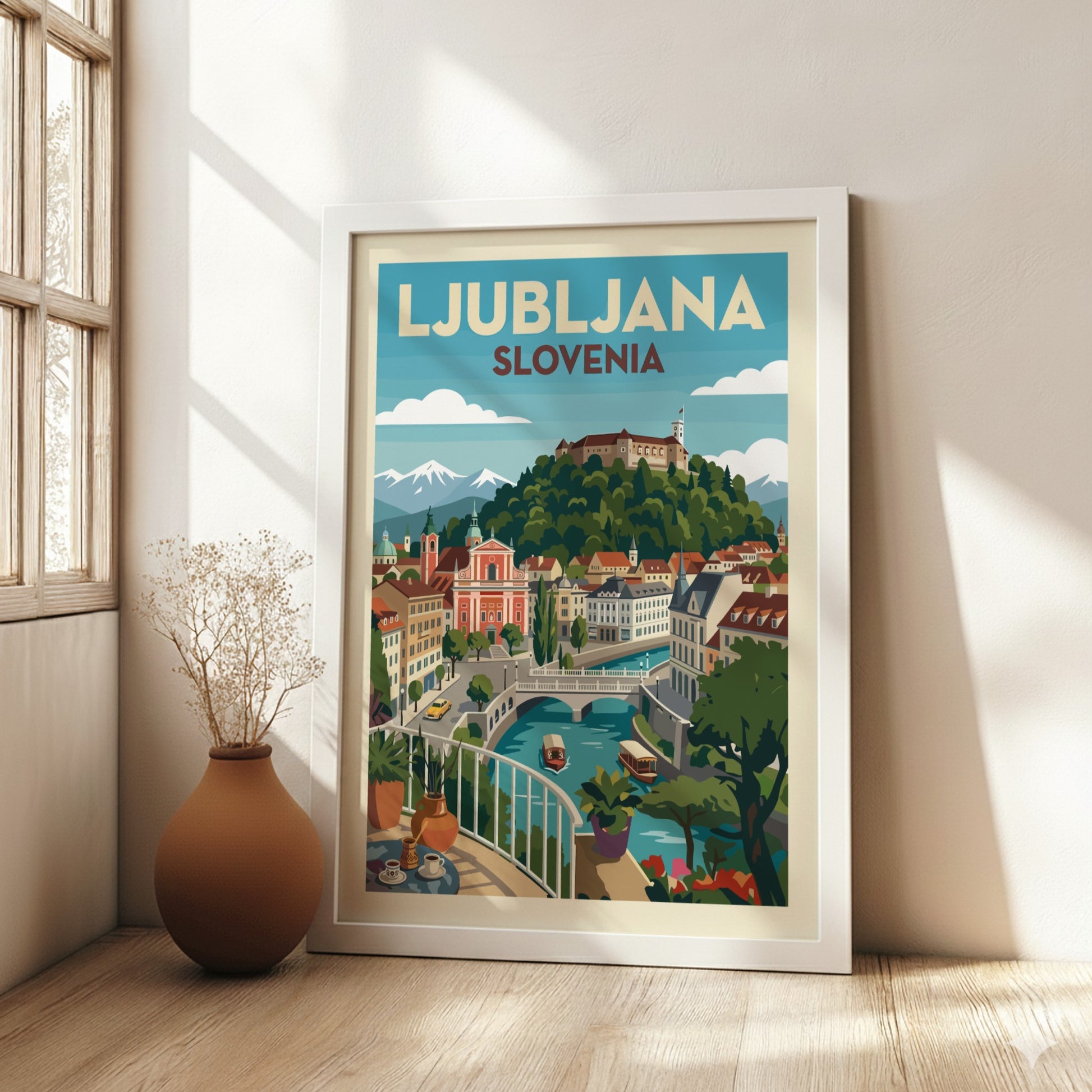Vintage style travel poster of Ljubljana, Slovenia, featuring the castle and river in a colorful illustration.