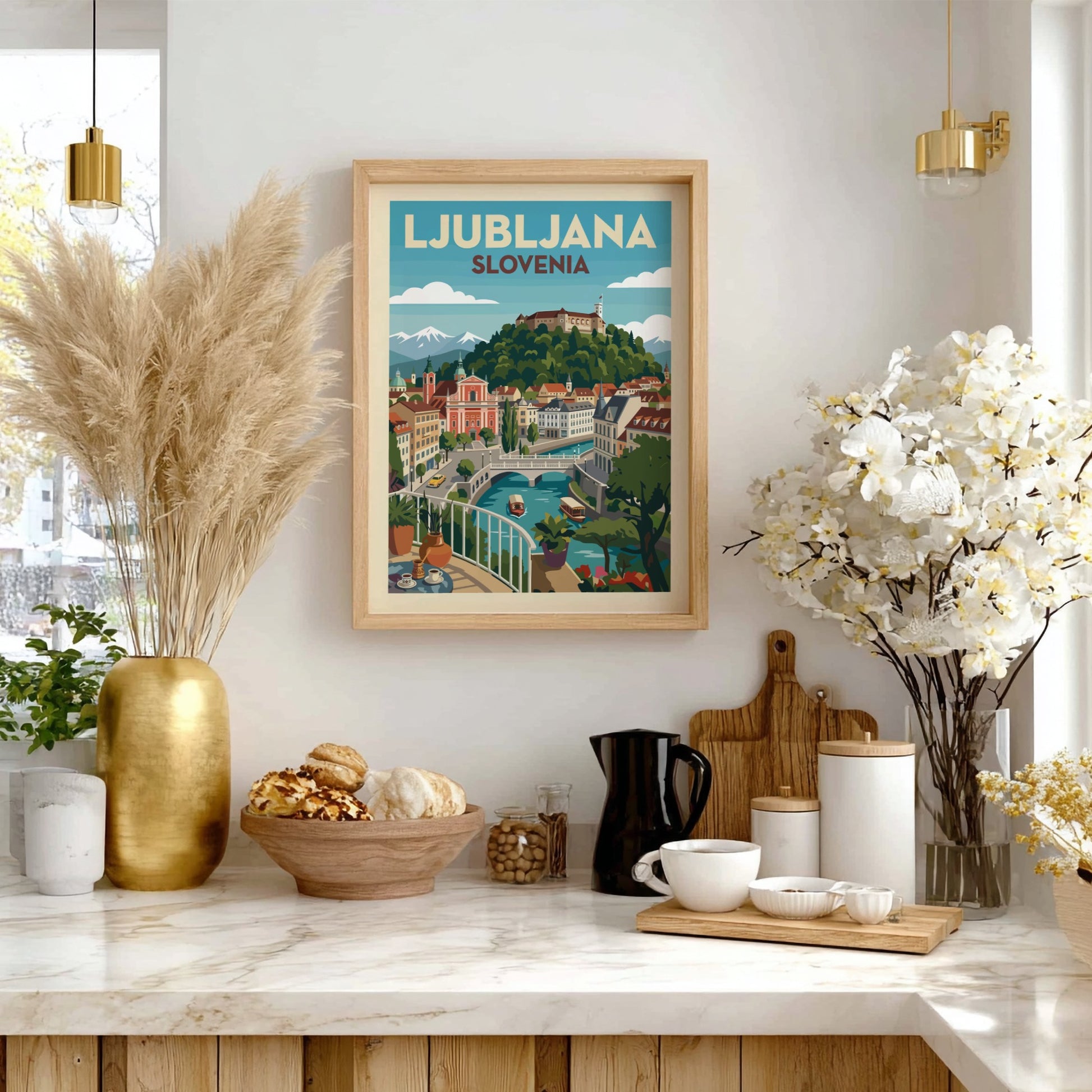 Vintage style travel poster of Ljubljana, Slovenia, featuring the castle and river in a colorful illustration.
