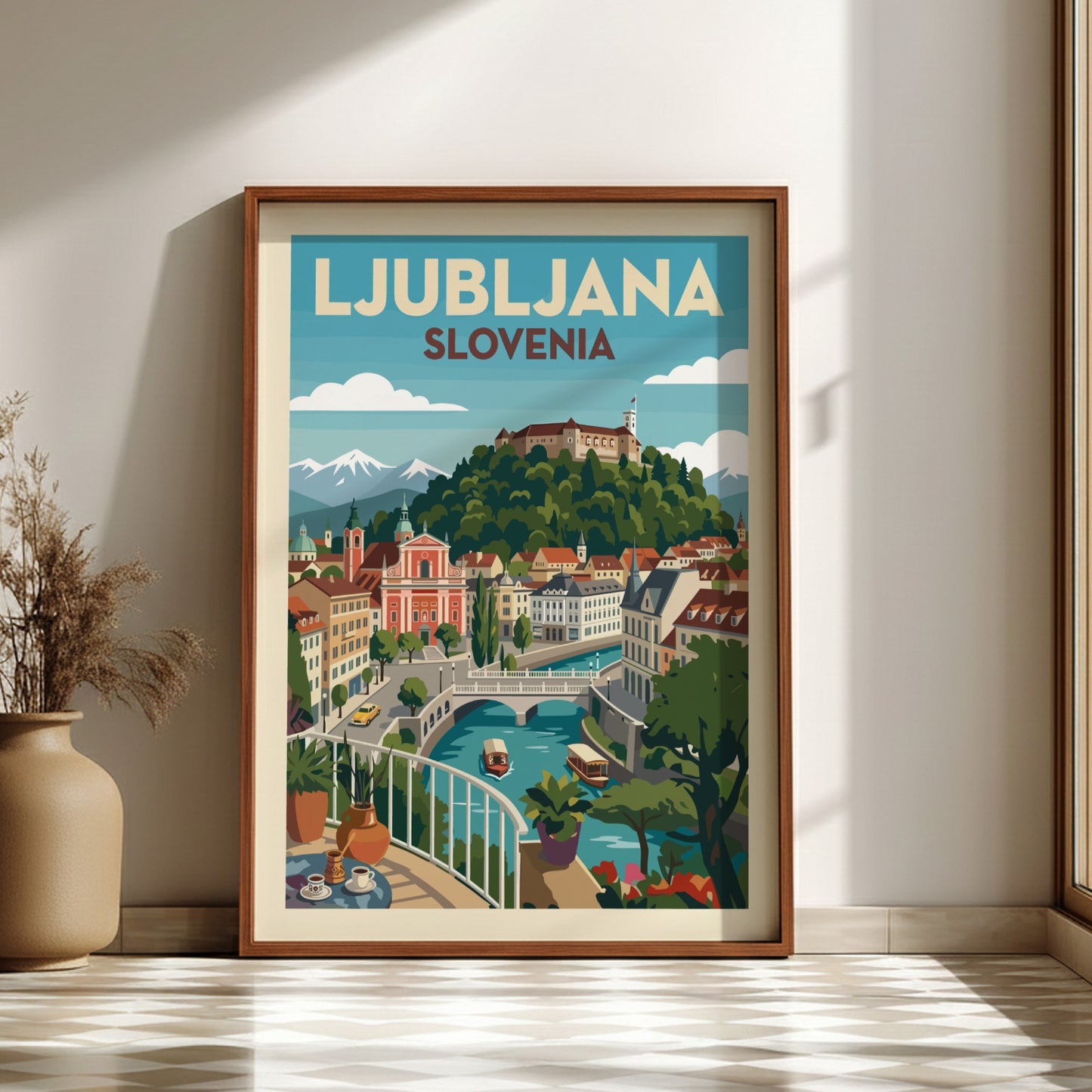 Vintage style travel poster of Ljubljana, Slovenia, featuring the castle and river in a colorful illustration.