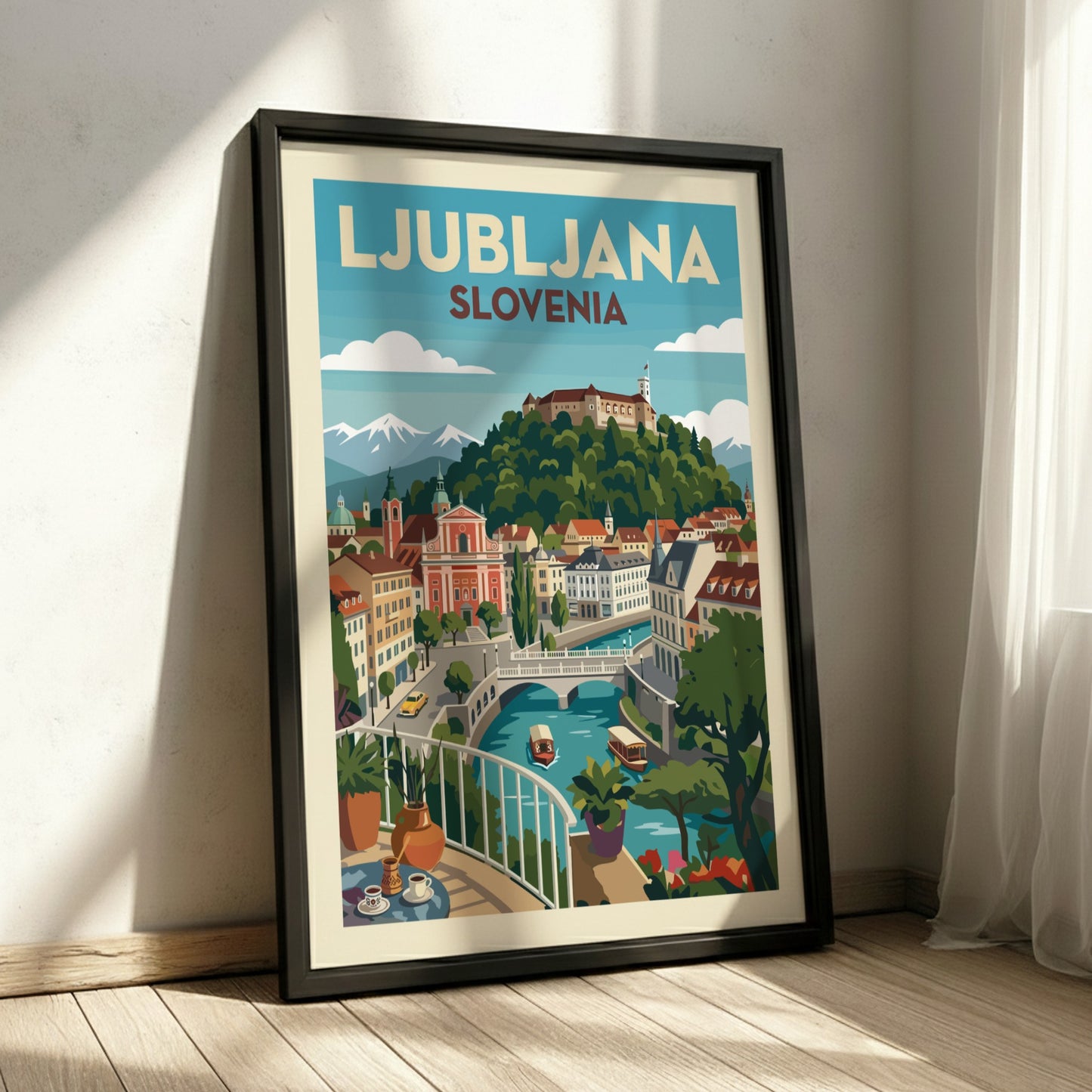 Vintage style travel poster of Ljubljana, Slovenia, featuring the castle and river in a colorful illustration.