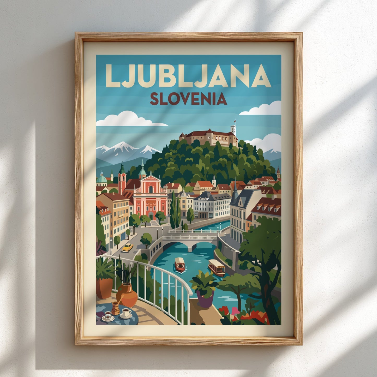 Vintage style travel poster of Ljubljana, Slovenia, featuring the castle and river in a colorful illustration.