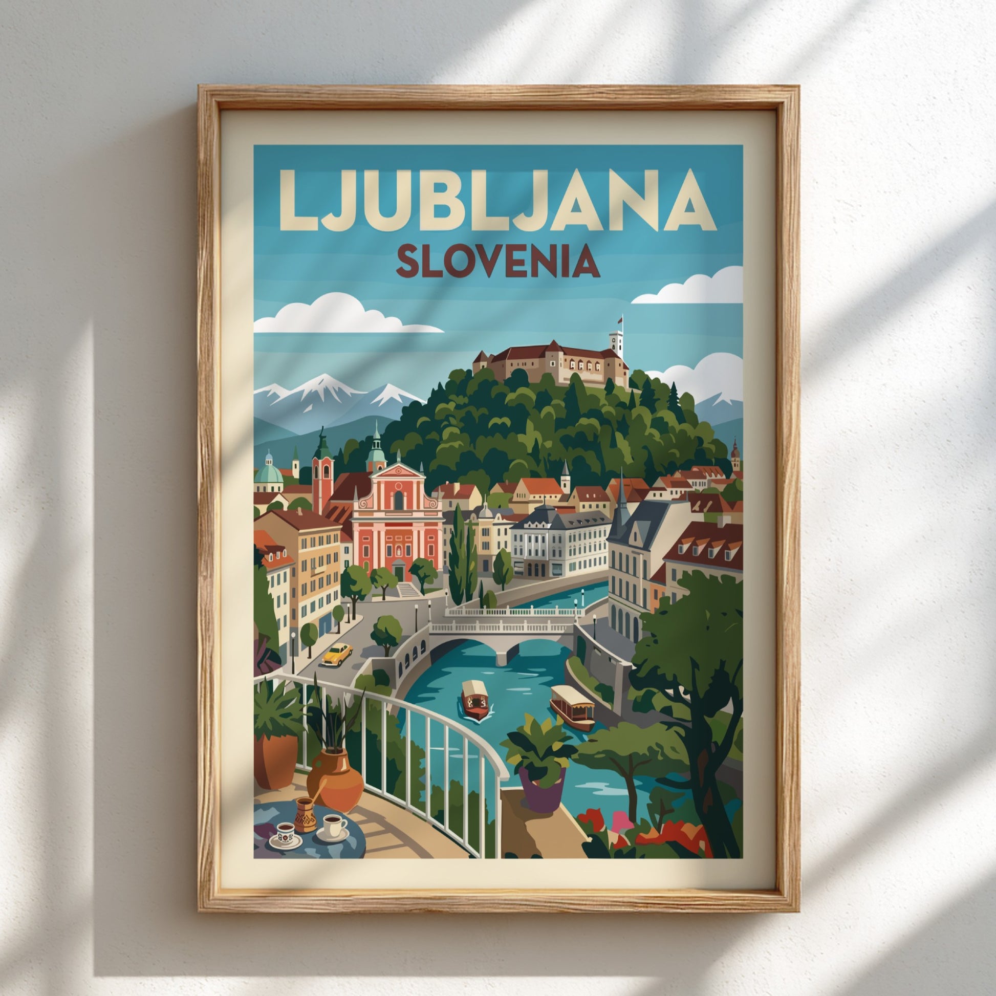 Vintage style travel poster of Ljubljana, Slovenia, featuring the castle and river in a colorful illustration.