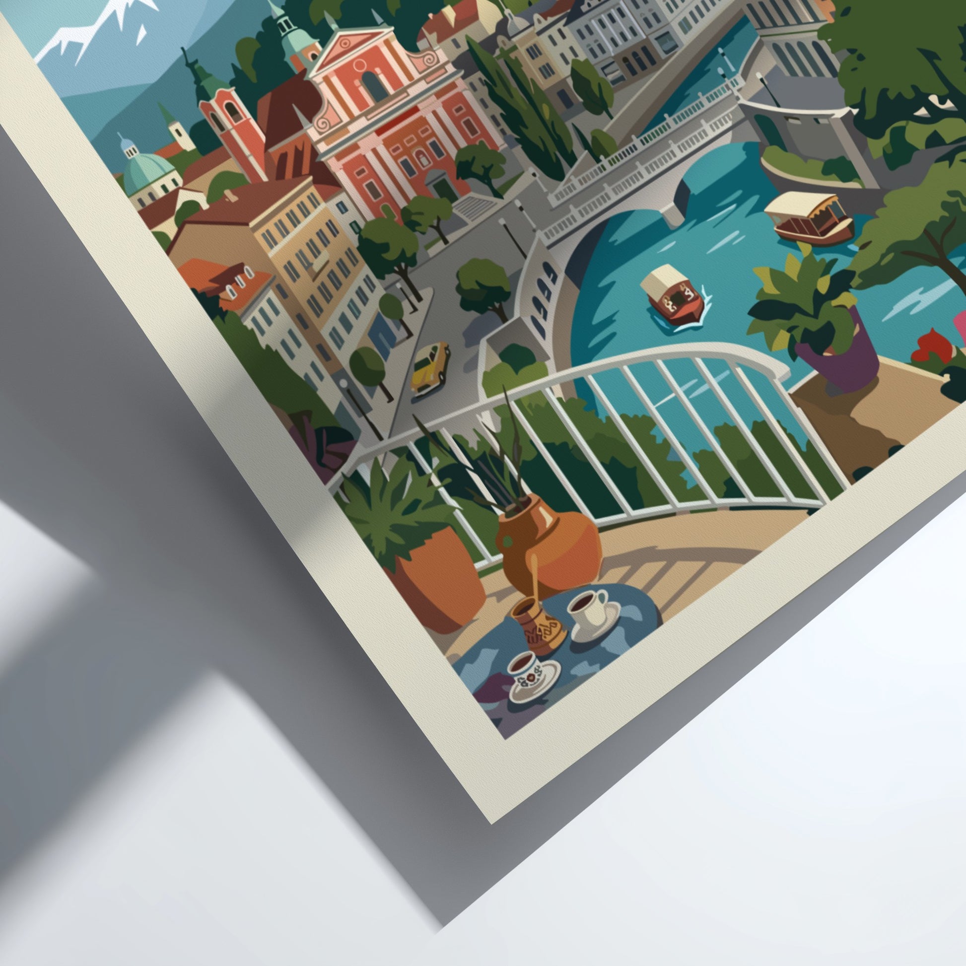 Vintage style travel poster of Ljubljana, Slovenia, featuring the castle and river in a colorful illustration.