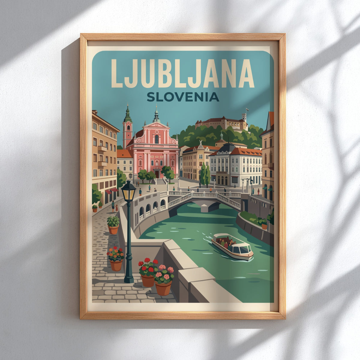 Ljubljana travel poster featuring a pink church, historic castle, and river boat scene.