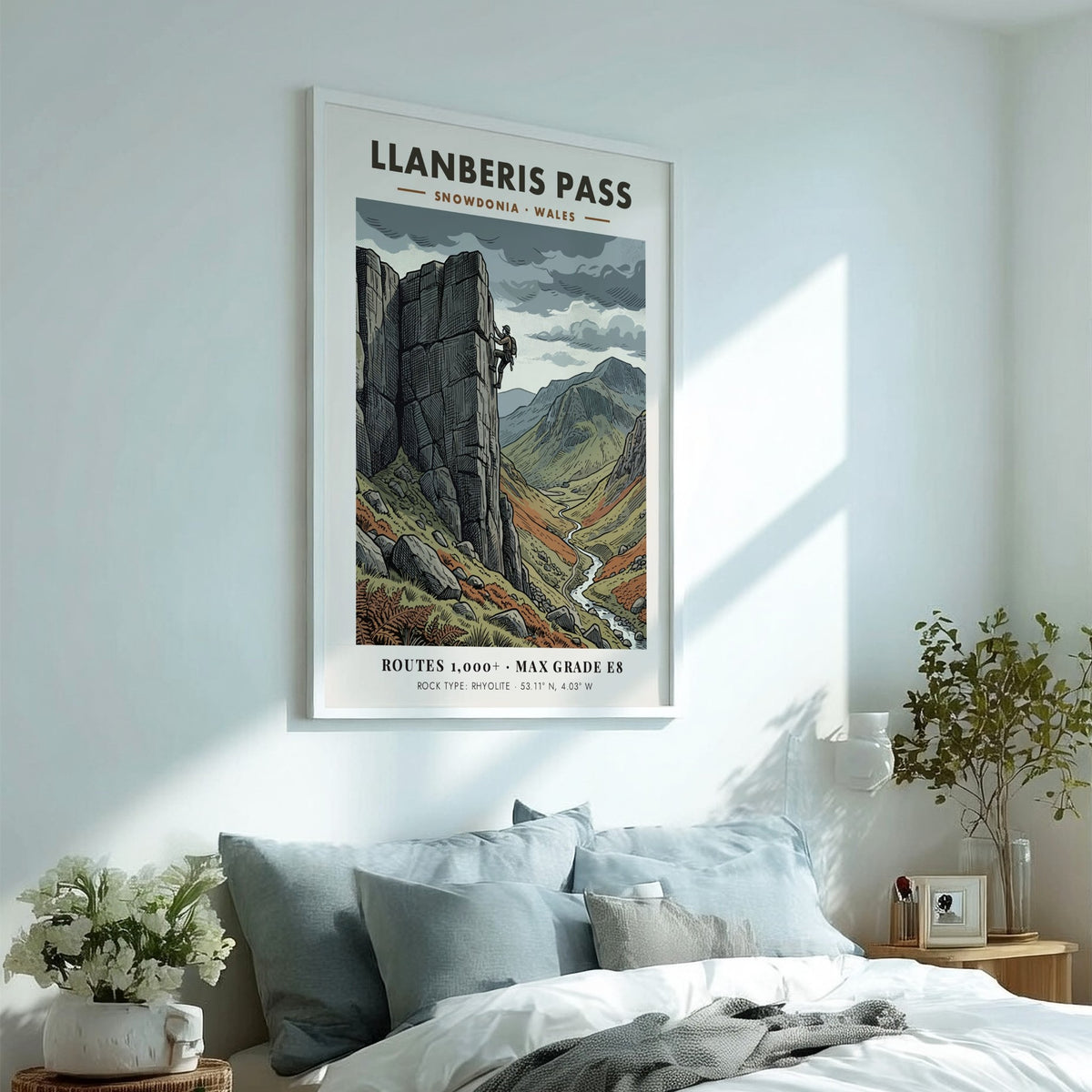 Poster of a rock climber on the steep rhyolite cliffs of Llanberis Pass Snowdonia.